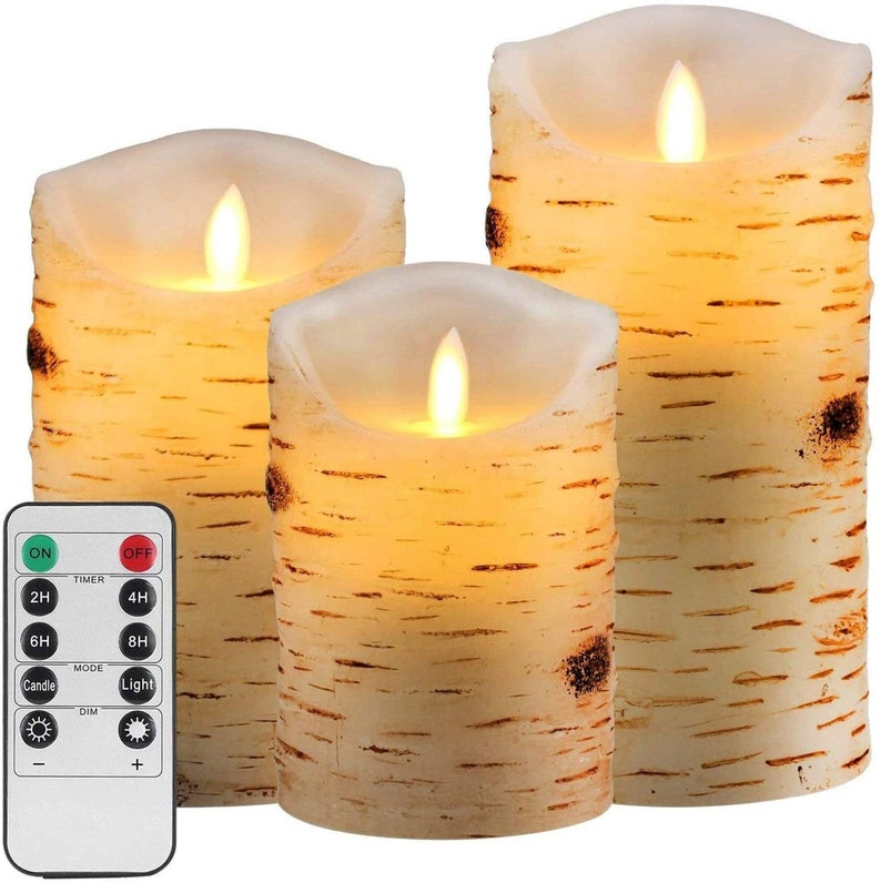 Birch Bark Effect Flameless Candles Battery Operated Pillar Etsy