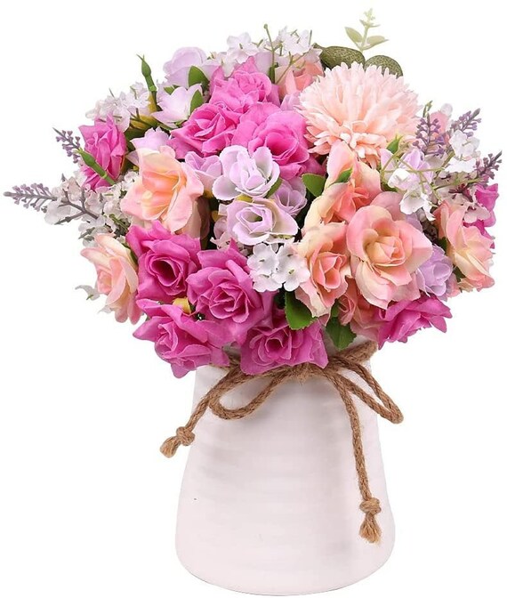 Pink Artificial Flowers Vase Silk Rose Flower Arrangements Etsy