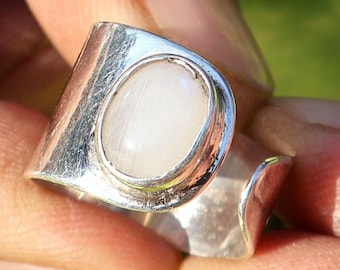 Rainbow Moonstone Silver Ring 925 Sterling, Adjustable Band, Oval Bezel Set Minimalist Statement Ring