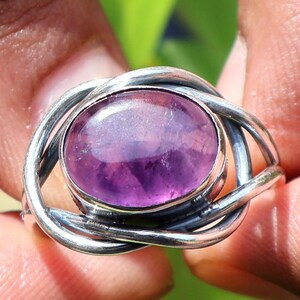 Oval Amethyst Ring Twisted Silver Setting, Sterling Silver Cabochon, February Birthstone, Statement Gemstone Jewelry