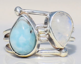 Natural Larimar & Rainbow Moonstone Ring, 925 Sterling Silver Double Gemstone Ring, Boho Jewelry
