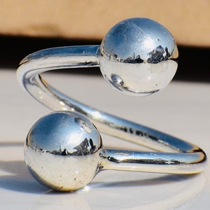 925 Sterling Silver Double Ball Ring: Adjustable Boho Jewelry