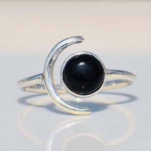 Black Onyx Moon Ring, Celestial Sterling Silver Ring, Luna Ring, Crescent Moon Ring, Women Designer Ring, Silver Statement Ring Gift For Her