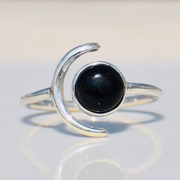 Schwarzer Onyx Ring, 925er Silber ring, böhmischer Ring, Frauen ring, Geschenk für sie, einfacher Ring, Boho Silber ring, Mond ring, Alltags