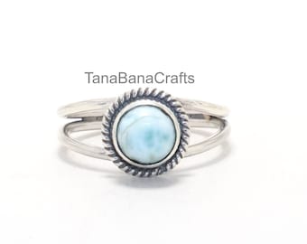Larimar Ring: Round Stone, 925 Sterling Silver, Boho Handmade