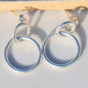Dangle Hoop Earrings, 925 Sterling Silver, Handmade Interlock Earrings, Plain Hoop Earrings, Double Circle Earrings, Boho Style Woman Gifts