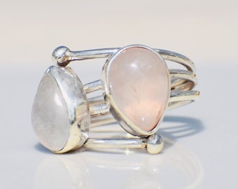 Moonstone & Rose Quartz 925 Sterling Silver Boho Ring
