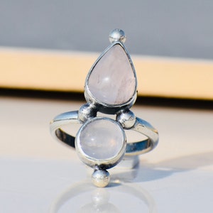 Rose Quartz Ring, Two Stone Ring, 925 Sterling Silver, Boho Designer Ring, Minimalist Jewelry, Quartz Jewelry, Statement Ring, Gift For Her