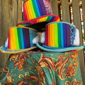 Chasing Rainbows Blue Leopard Velboa Rainbow Festival Retro Rave Pride Top Hat Wearable Art