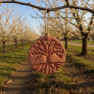 Puede incluir: Adorno redondo de cerámica marrón rojizo con un diseño de árbol, colgado de una rama. Las raíces y ramas del árbol están talladas en la superficie. Se adjunta un lazo de cuerda natural para colgar. Fondo con camino y árboles.