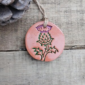Puede incluir: Adorno redondo color melocotón con diseño de cardo. El cardo está detallado con hojas verdes y una flor morada. Se adjunta un lazo de cuerda natural para colgarlo. El adorno está sobre un fondo de madera rústica.