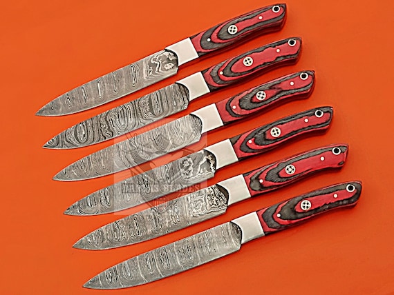 Table Steak Knife Set 6 Pcs Unique Handles Sharp Edge Damascus