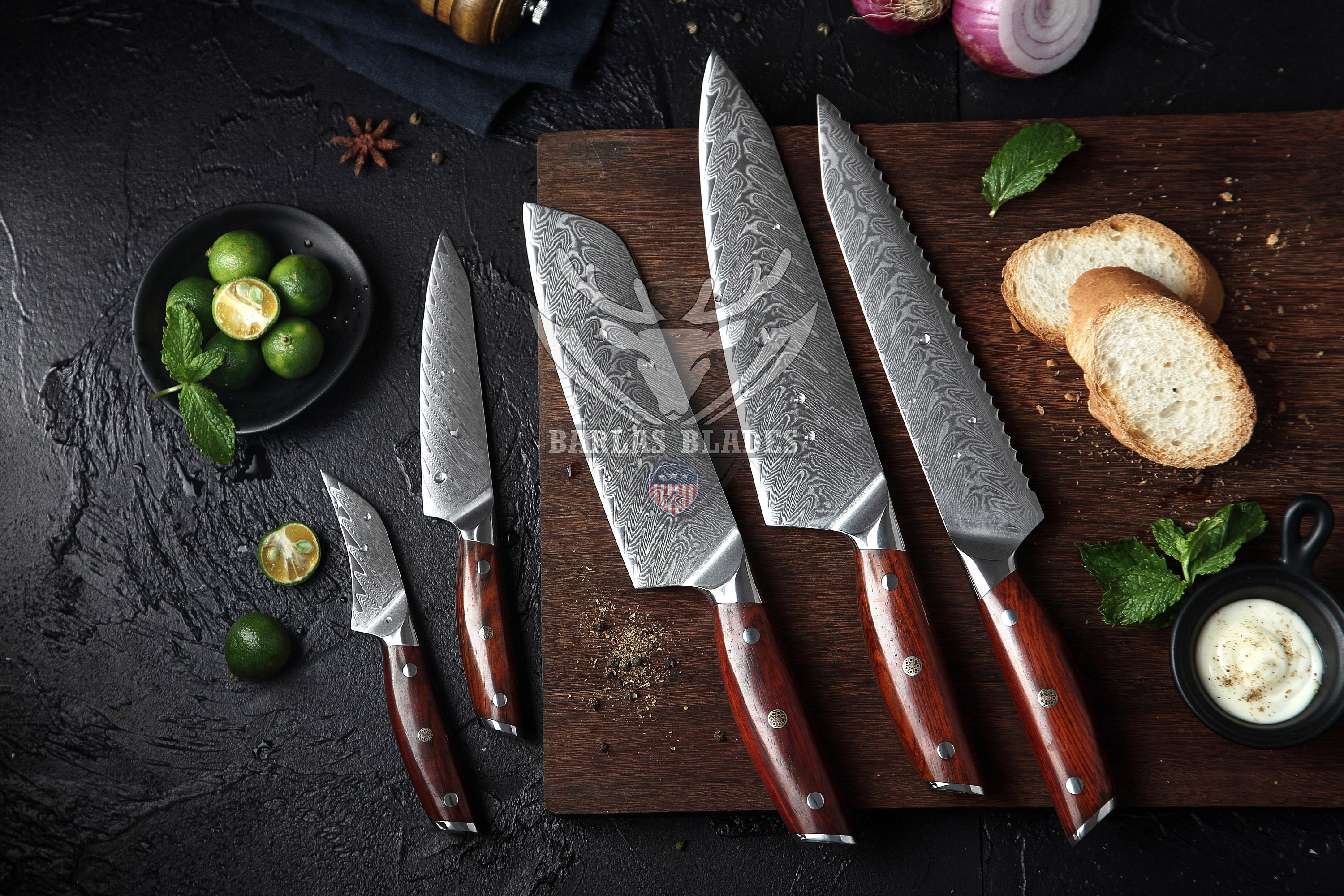  Best knife Handmade Professional Kitchen Damascus Knife Set,  8pcs Best Damascus Steel Chef Kitchen Knif set With Storage Roll Case Bag,  High Carbon Japanese style BBQ Butcher Knives Set: Home 