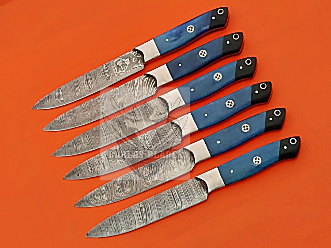 Damascus Steel Steak Knife Set Unique Camel Bone Handles Sharp Edge