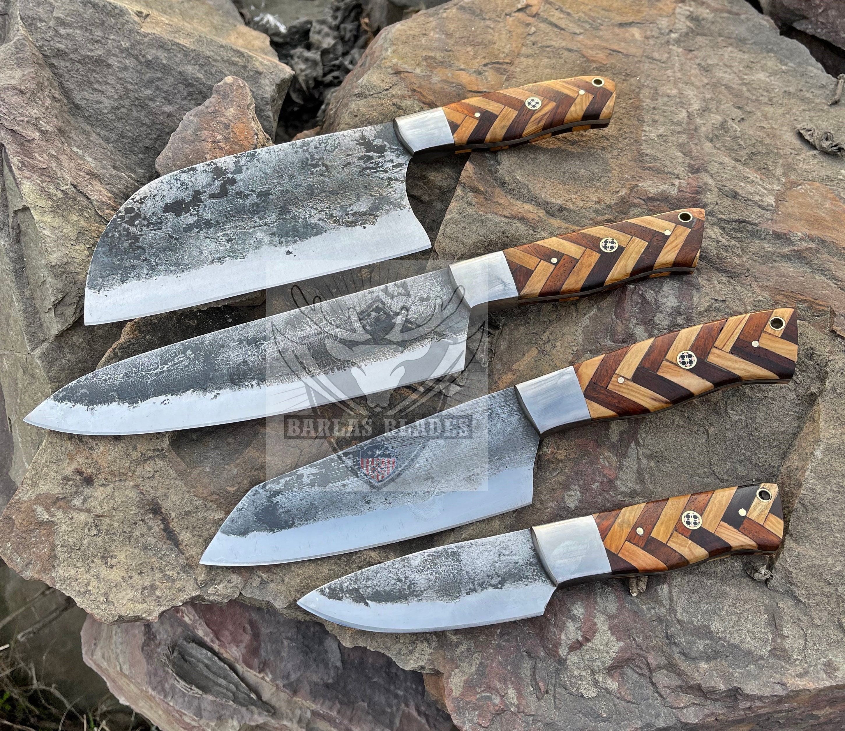 Hand Forged CHEF'S KNIFE Set of 5 BBQ Knife Kitchen Knife Gift for Her,  Men's Gift, Gift, Outdoor Knife, Father gift, Gift for her.