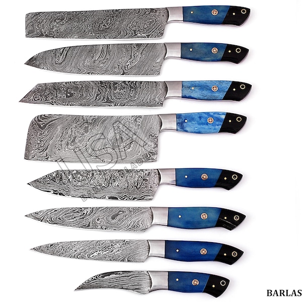 Chef Knife Set 8 Pcs Unique Handles Sharp Edge Blades Best Kitchen Knife Set- Hand Forged Damascus Steel - Gift for loved ones Christmas