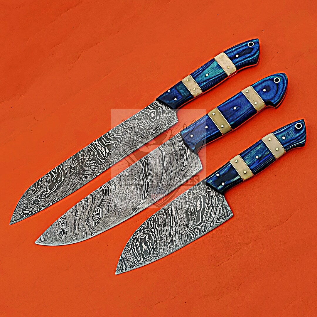 Handmade Damascus Steel Kitchen Knives Set / 3 Pcs Chef Knives Set With