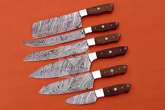 Damascus Steel 6 Pcs Chef Knives Set / Unique Handles Kitchen