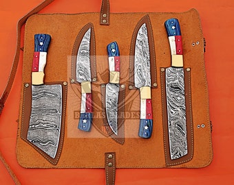 Texas Flag Handmade Chef Knife Set 5 PCs Damascus Steel Kitchen Chef Knives Gift Item for Taxes Lover Personalization Gift Birthday Wedding
