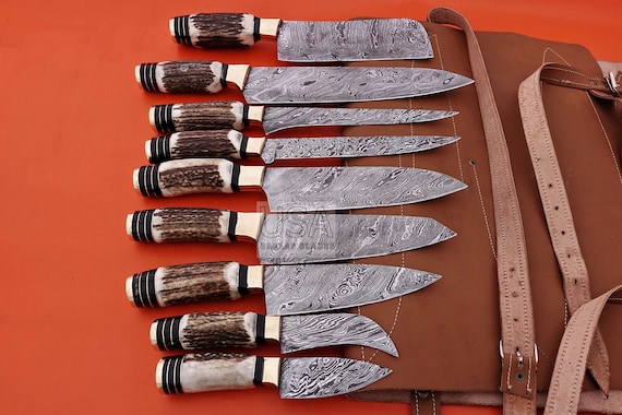 Special Hand Made Chef Knife Set Stag Antler Handles 100% Damascus Steel  Blades Free Leather Roll Gift for Loved Ones Christmas Gift 