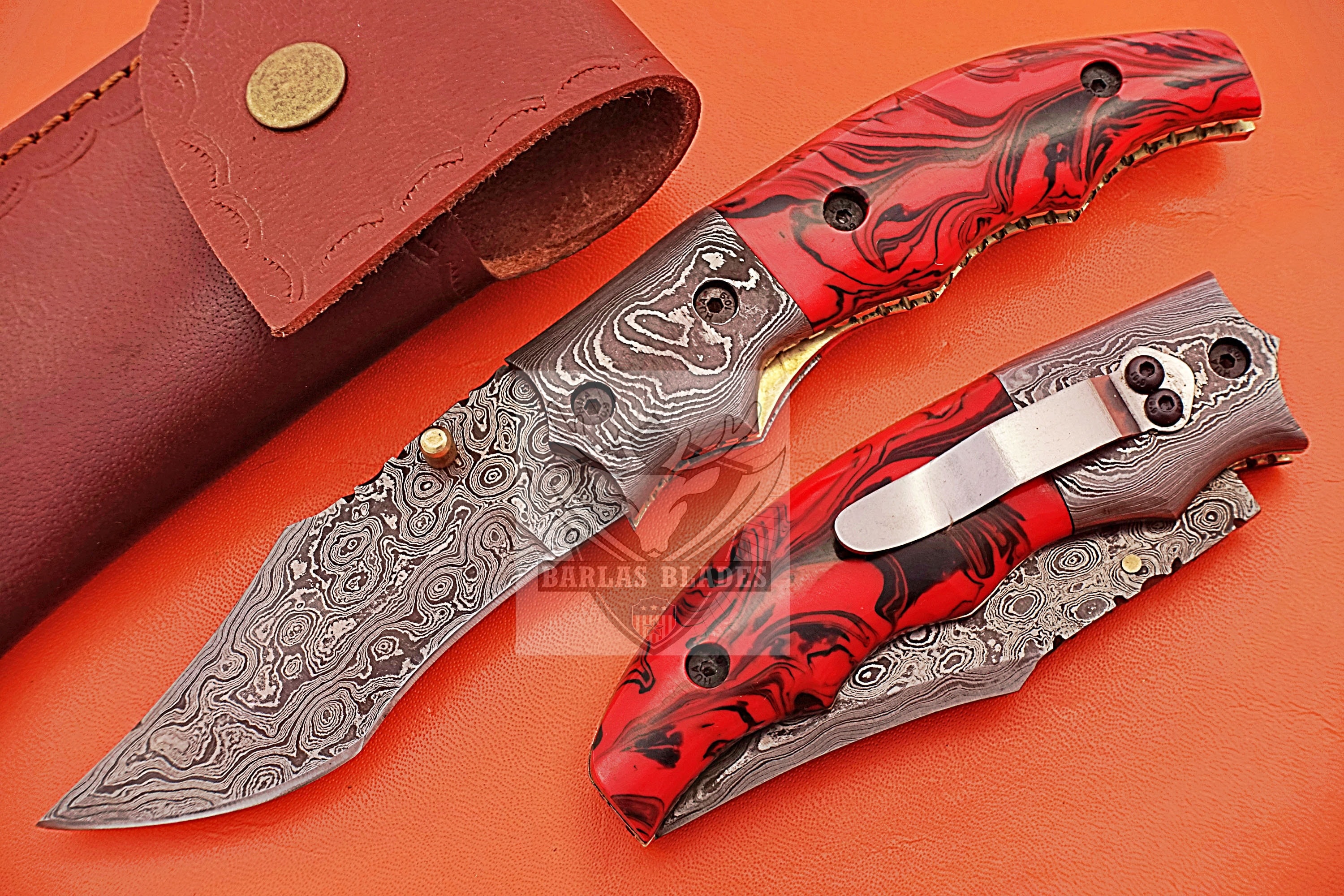 Damascus Steel Folding Knife With Unique Handle / Pocket Clip Etsy