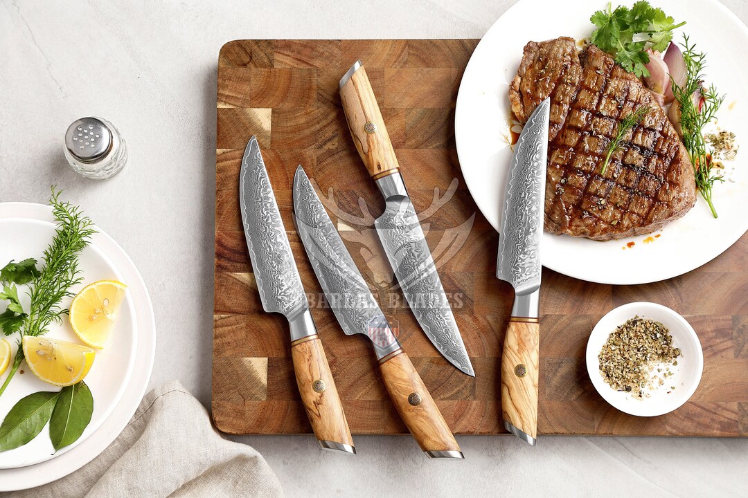 Damascus Steak Knife Set With Unique Wood Handles Table Steak Knives