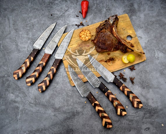 Damascus Steel Steak Knives 6 Pcs Set With Unique Wooden Handles BBQ Table Steak  Knife Dining Knife Chef Best Christmas Thanksgiving Gift 