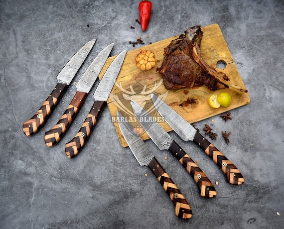 Damascus Steel Steak Knives 6 Pcs Set With Unique Wooden Handles BBQ Table Steak  Knife Dinning Knife Chef Knife Best Christmas Gift 