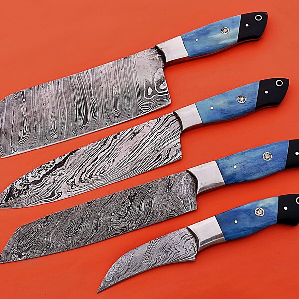 4 Pcs Chef Knives Set 4 pcs / Kitchen Cooking Knives Set / Damascus Steel Blades / Unique Handles