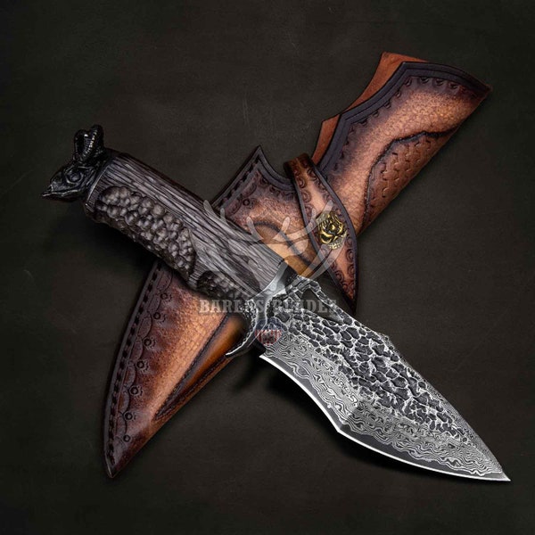 Couteau de chasse damas VG10, couteau de suivi de survie de chèvre noir, couteau de camping EDC, couteau d'extérieur, étui en cuir gratuit, cadeau d'Halloween pour lui