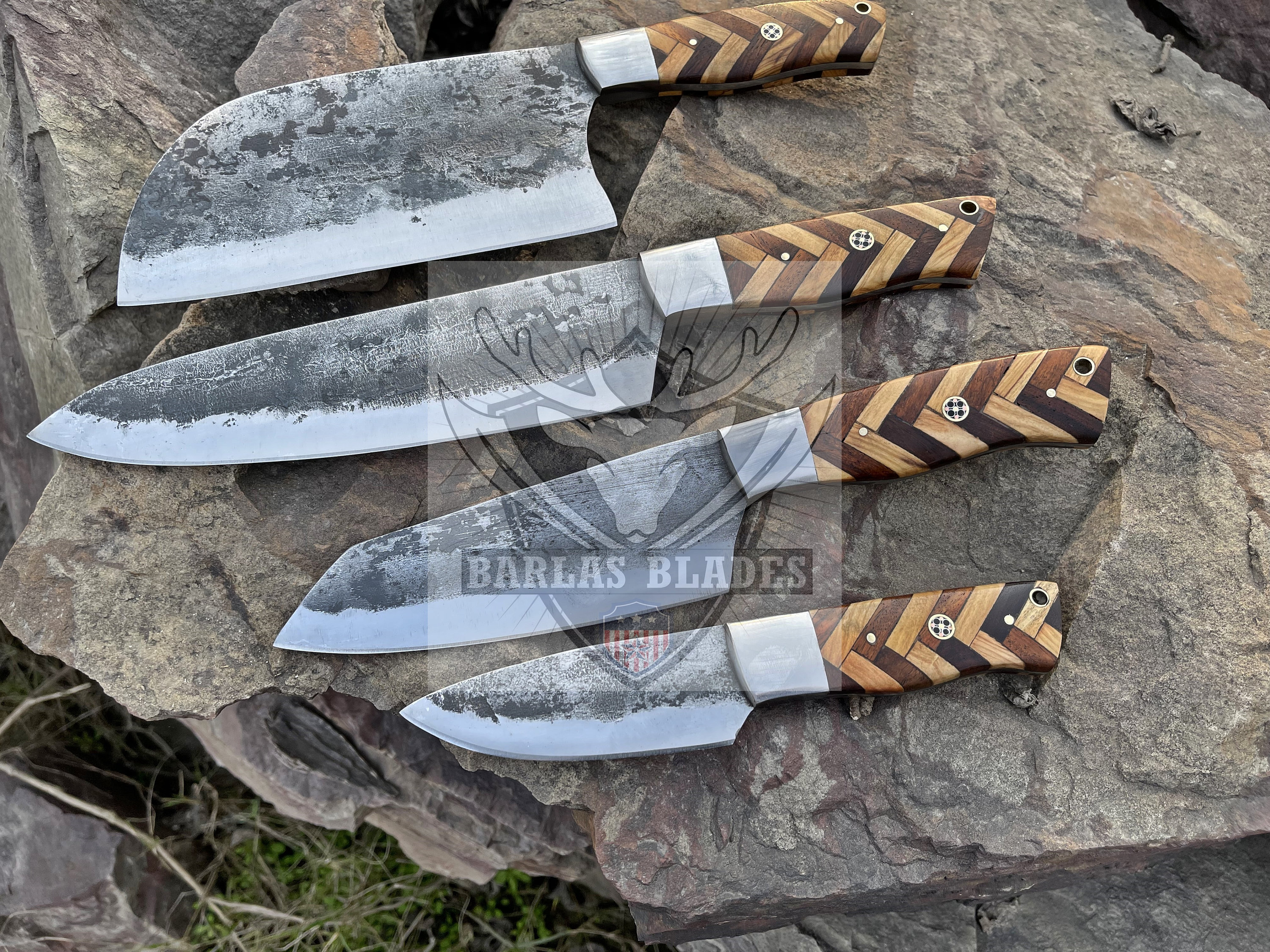 CUSTOM HANDMADE DAMASCUS 8 pcs Kitchen Chef Set, Steak knives set, Blue  Micarta , Anniversary gift,Birthday