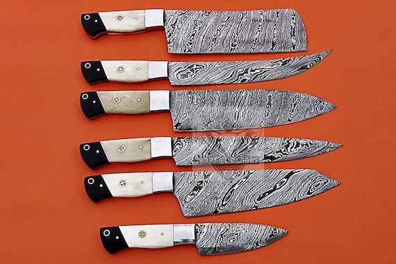 Damascus Steel 6 Pcs Chef Knives Set / Unique Handles Kitchen