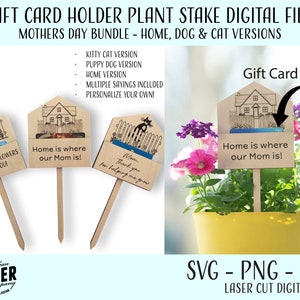 Pacote do Dia das Mães - Arquivo digital de estaca de planta para suporte de cartão-presente, arquivos SVG, PNG e PDF prontos para laser, perfeitos para Glowforge e máquinas a laser