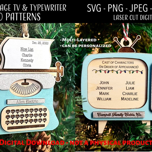 Laser Cut Digital File / Retro Typewriter and Retro TV Family Christmas Ornament SVG, PNG / Glowforge / Personalized Name / Engraved / Movie