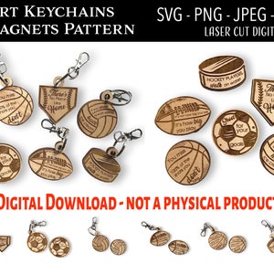 Laser Cut Digital File / Sport Keychain and Magnet SVG, PNG / Glowforge / Baseball / Football / Basketball / Football / Soccer / Volleyball