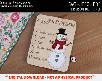 Laserskuren digital fil, julrulle en snögubbe pusselspel SVG, Glowforge, julfestidé, barn, tärningar, julklapp, presentidé