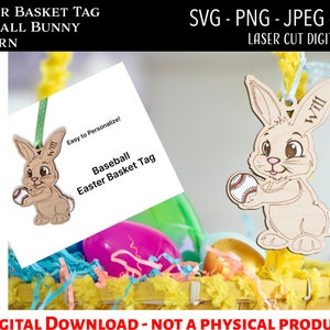 Laser Cut Digital File / Easter Basket Tag Baseball SVG / Glowforge / Easter Bunny / Kids / Basket Filler SVG / Personalized / Sport SVG
