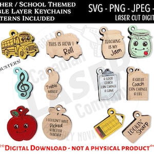 Arquivo digital cortado a laser / Chaveiro do professor SVG, PNG / Glowforge / Schoolbus / Motivacional / Afirmação / Apple / Lápis / Coach / Música