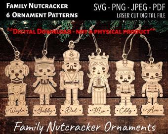 Laser Cut Digital File / Family Nutcracker Christmas Ornaments SVG, PNG / Glowforge / Family / Nutcracker / Christmas Dog / Christmas Cat