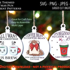 Laser Schnitt Digitale Datei / Kaffee Kollektion Weihnachtsschmuck SVG, PNG / Glowforge / Wortspiel / Latte / Kaffeetasse / Koffein / Lustig / Bohne