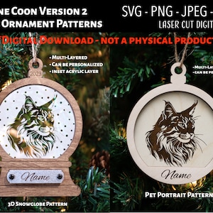 Fichier découpé au laser / fichier numérique 3D de décoration de Noël en bois et acrylique / Maine Coon 2 / boule à neige SVG, PNG, JPEG / Glowforge / chat / chaton