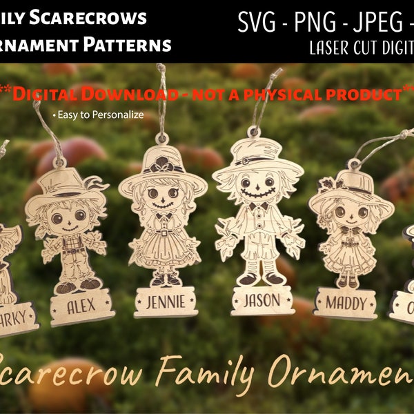 Laser Cut Digital File / Family Scarecrow Christmas Ornaments SVG, PNG / Glowforge / Family / Scarecrow / Autumn / Fall / Halloween Ornament