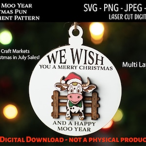 Laser geschnittene digitale Datei, Happy Moo Jahr Weihnachtsverzierung SVG, PNG, Glowforge, Kuh, Bauernhofzaun, Wortspiel, lustig, 3D, graviert, Muster