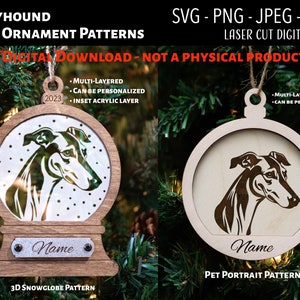 File tagliato al laser / Ornamento natalizio in legno e acrilico 3D File digitale / Levriero / Snowglobe SVG, PNG, JPEG / Glowforge / Cani / Cucciolo