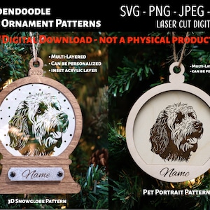Lasergeschnittene Datei / 3D-Weihnachtsornament aus Holz und Acryl, digitale Datei / Goldendoodle / Schneekugel SVG, PNG, JPEG / Glowforge / Hunde / Welpe