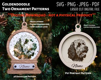 Può includere: Due modelli di ornamenti tagliati al laser che raffigurano un cane Golden Doodle. Il primo modello è un globo di neve 3D con sfondo bianco e il secondo modello è un ritratto di animale domestico con sfondo in legno. Entrambi i modelli includono il testo "Nome" e possono essere personalizzati.