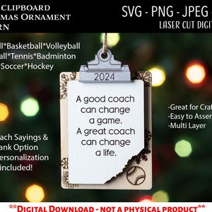 Arquivo digital cortado a laser / prancheta de treinador enfeites de Natal esportivos SVG, PNG / Glowforge / treinador / prancheta SVG / presente de treinador / presente de equipe