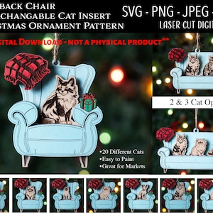 Fichier découpé au laser, fichier numérique d'ornement de Noël, ornement de fauteuil de Noël de race de chat interchangeable, Glowforge, chat SVG, cadeau de femme de chat