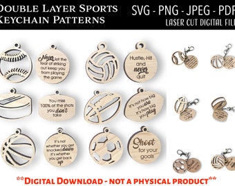 Laser Cut Digital File / Sports Keychain SVG, PNG / Glowforge / Baseball / Football / Basketball / Football / Soccer / Volleyball