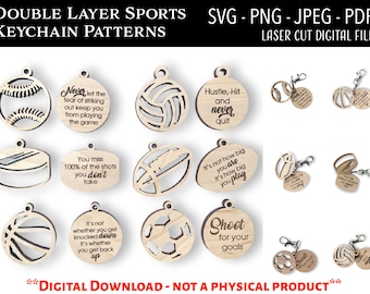 Laser Cut Digital File / Sports Keychain SVG, PNG / Glowforge / Baseball / Football / Basketball / Football / Soccer / Volleyball